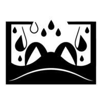 A stark, minimalist black and white illustration of a sad, rabbitlike figure under falling teardrops within a frame. vector