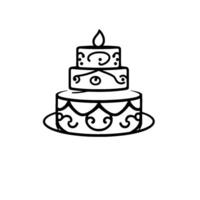 Elegant ThreeTiered Cake Silhouette with Candle, Featuring Swirls, and Serving Plate, Black Outline, and White Background. vector