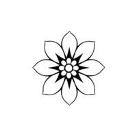 Symmetrical floral emblem with seven petals and intricate center star, rendered in black lines on a white background. vector