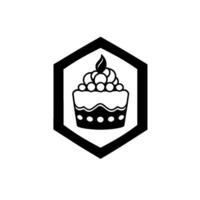 Stylized black and white cupcake within a hexagon frame, featuring a minimalist with decorative frosting and a single leaf. vector