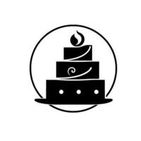 Minimalist Black and White Illustration of a Tiered Cake with Decorative Swirls and a FlameLike Topper, Enclosed in a Circular Frame. vector