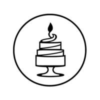Stylized black and white emblem tiered cake , topped with candle flame, enclosed in a circular frame, minimalist aesthetic. vector