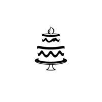Minimalist Black and White Illustration of a TwoTiered Birthday Cake with a Lit Candle on a Pedestal, set against a Plain White Background. vector