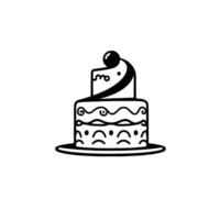 Twotiered Cake with Decorative Swirls, Dots, and a Cherry, Presented on a Plate in Black and White. vector