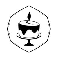 Simple Black and White Cake Illustration With Lit Candle on a Cake Stand Enclosed in a Decorative Polygon Frame vector