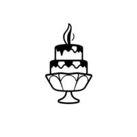 A minimalist black and white illustration of a twotiered cake on a pedestal, topped with a candle flame. vector