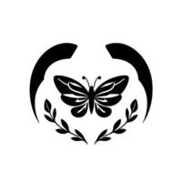 Black and white silhouette of butterfly with intricate wing patterns, framed within an arc and embellished with leafy branches. vector