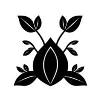 Symmetrical Black and White Botanical Featuring a Central SeedLike Shape with Leafy Sprigs. vector