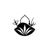 Stylized black and white floral featuring an abstract shape with symmetrical elements, a simple and elegant composition. vector