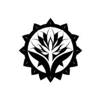 Intricate Black and White Floral Mandala A symmetrical featuring stylized lotus flower surrounded by a spiky circular frame on a white background, minimalist and elegant. vector