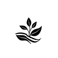A minimalist, black and white illustration of a small plant with stylized leaves and a textured base. vector