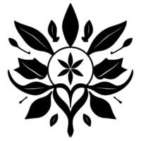 Symmetric Black and White Floral with a Central Star, Leaf Elements, and Heart Shape. vector