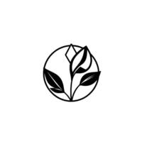 Minimalist black line art of stylized leaves, diamond, and a circle on a white background, evoking nature, simplicity, and elegance. vector