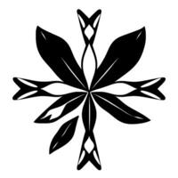 Symmetrical black and white floral composed of stylized leaves and abstract geometric shapes, radiating from a central point, stark contrast. vector