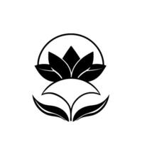 Minimalist black and white lotus flower emblem with a circular frame, symmetrical petals, and bold contrast on white backdrop. vector