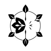 Symmetrical Floral Emblem with Black Leaves, Petals, and Circle Ornament in Minimalist on White. vector