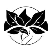 Bold Black Lotus Flower Silhouette, enclosed within a circular frame, conveying elegance and minimalist on a stark white background. vector