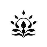 Symbolic Black and White Floral with Leafy Elements and an Arc Shape, Abstract and Minimalist. vector