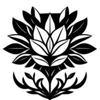 Symmetrical floral illustration in stark monochrome, a stylized lotus or similar, showcasing intricate leaf patterns in a geometric arrangement. vector