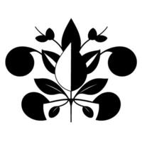 Symmetrical Black and White Floral Featuring Leaves, Teardrop, and Circular Elements on White Background. vector