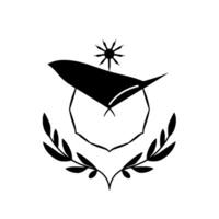 Abstract Black and White Illustration of a Bird Perched Above an Angular Frame with Laurel Wreaths and Sunburst. vector