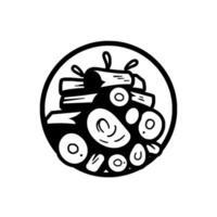 Stylized black and white illustration of a circular, organic shape comprised of logs, stylized elements, and abstract forms inside a thick black border. vector