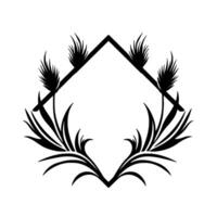 A stylized black and white illustration featuring a symmetrical arrangement of grass and a diamond frame, creating an elegant decorative element. vector