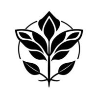 Black and White Geometric Floral Emblem with PetalShaped Leaves within a Circle, Minimalist on White Background. vector