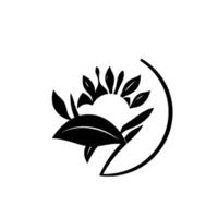 Minimalist Black and White Floral Illustration A stylized featuring a central cluster of leaves and a leaf sun. The image is bordered by a curved line. vector