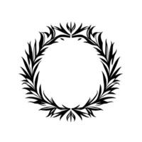 A minimalist, monochrome illustration of a circular laurel wreath crafted from elegant, spiky black leaves against a stark white background. vector