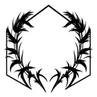 Black Silhouetted Floral Wreath Embellishing a Geometric Hexagon Frame, Minimalist Botanical . vector