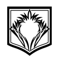 black and white of a shield with stylized featherlike elements, creating a symmetrical, artistic emblem on a plain white background. vector