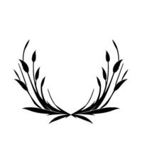 Symmetrical Black Silhouette of WreathLike Floral Arrangement Against White Background, Featuring Blades of Grass and Leafy Sprigs. vector