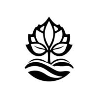 Minimalist black and white featuring a stylized plant with ornate leaf structure emerging from layered ground, showcasing a calm, natureinspired aesthetic. vector