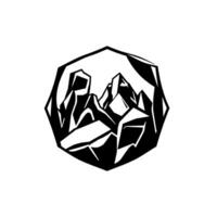 Geometric mountain range, encapsulated in a faceted frame, black and white illustration on white background. vector