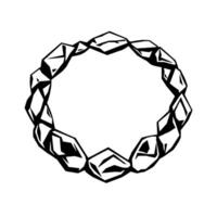 Bold, geometric, black and white illustration of a stylized circular garland made of interconnected polygonal stonelike shapes, isolated on white. vector