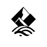 Abstract black and white geometric mountain range over stylized water with minimal dot vector