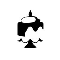 A minimalist black and white illustration of a birthday cake with one candle, on a cake stand, set against a radial white backdrop. vector