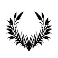 Black and White Illustration of a Symmetrical Feather and Blade Arrangement, Forming a Decorative Wreath or Emblem, on a Pure White Backdrop. vector
