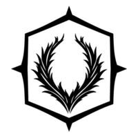 Black and White Laurel Wreath inside Geometric Compasslike Shape with Starburst Elements on White Background. vector