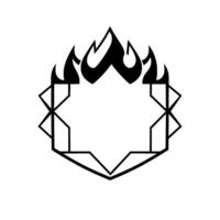 Monochrome geometric featuring stylized flames above a complex octagonal frame. vector