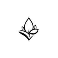 Minimalist Black and White Floral Featuring Symmetrical Petals and Simple Leaf Elements, Set Against White Backdrop. vector