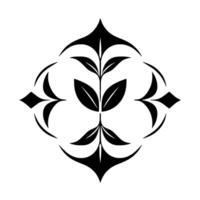 Symmetrical botanical featuring a central plant with stylized leaves, enclosed by arched and diamondshaped decorative elements, rendered in black and white. vector