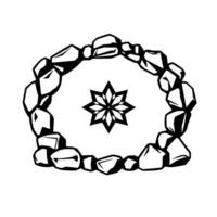 Geometric monochrome illustration depicting a stone circle surrounding a stylized floral star , creating a symbolic and abstract composition. vector
