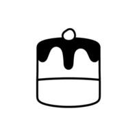Simple, stylized illustration of a small, twotiered cake with dark chocolate icing and a decorative white circle on top, set against a plain white background. vector