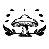 Stylized Monochrome Mushroom Illustration with Leaves and Floating Elements on White Backdrop. vector