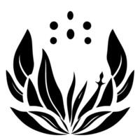 Stylized Black and White Illustration of a Botanical Motif Leaves, Spikes, and Floating Spheres. vector