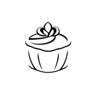 A minimalist line art illustration of a cupcake with swirled frosting and a decorative floral element on top, set against a plain white background. vector