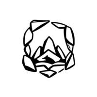 Abstract black and white illustration of a stylized mountainous landscape encircled by jagged rock formations, creating a frame. vector