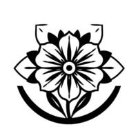 Intricate symmetrical black and white floral illustration with a central eyelike detail and a stylized curved base, creating a symbolic botanical . vector